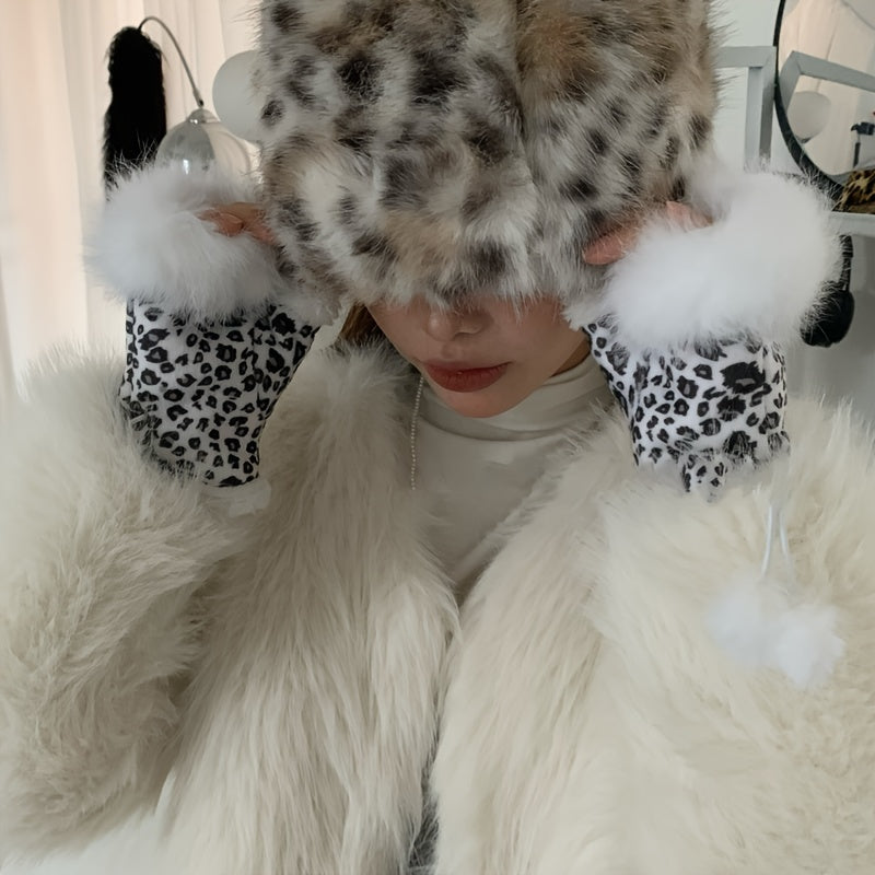 1 Pair of Plush Leopard Print Fingerless Mittens for Women - Cozy & Warm Knit Gloves with Adjustable Lace-Up Wrist, Vintage Harajuku Style, Machine Washable for Autumn/Winter Elegance